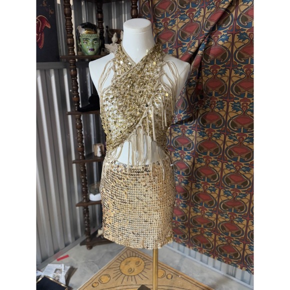 2 separate piecesParasuko Gold Sequin Halter Fringe Party Dress Medium / Medium - Picture 1 of 4